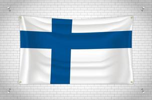 bandeira da finlândia pendurada na parede de tijolos. desenho 3D. bandeira pendurada na parede. desenhando ordenadamente em grupos em camadas separadas para facilitar a edição. vetor