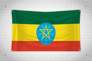 bandeira da etiópia pendurada na parede de tijolos. desenho 3D. bandeira pendurada na parede. desenhando ordenadamente em grupos em camadas separadas para facilitar a edição. vetor