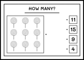 quantos pirulito, jogo para crianças. ilustração vetorial, planilha para impressão vetor