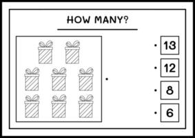 quantas caixa de presente, jogo para crianças. ilustração vetorial, planilha para impressão vetor
