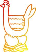linha de gradiente quente desenhando frango de desenho animado sentado em ovos no ninho vetor