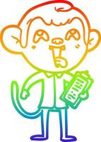 linha de gradiente de arco-íris desenhando macaco de desenho animado louco com prancheta vetor