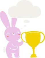 coelho bonito dos desenhos animados com copo de troféu esportivo e balão de pensamento em estilo retrô vetor