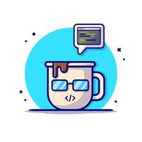 café bonito com ilustração de ícone de vetor de desenho de código. tecnologia bebida ícone conceito isolado vetor premium. estilo de desenho animado plano