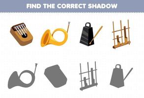 jogo de educação para crianças encontrar o conjunto de sombra correto do instrumento de música dos desenhos animados kalimba trompete sino angklung vetor