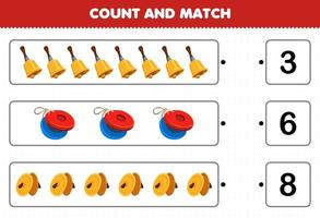 jogo educativo para crianças contar e combinar contar o número de címbalos de castanholas de sino de instrumento de música de desenho animado e combinar com os números certos planilha imprimível vetor