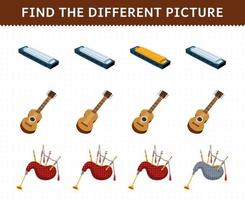 jogo de educação para crianças encontrar a imagem diferente em cada linha de desenho animado instrumento musical gaita de foles de guitarra planilha imprimível vetor