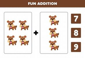 jogo de educação para crianças adição divertida por contagem e escolha a resposta correta de planilha imprimível de animal de estimação bonito dos desenhos animados animal de estimação cachorro marrom vetor