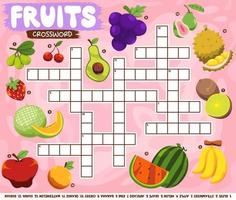 jogo de educação palavras cruzadas para aprender palavras em inglês com planilha para impressão de imagens de frutas dos desenhos animados vetor
