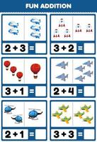 jogo de educação para crianças adição divertida contando e somando desenho animado bonito avião de transporte foguete balão caça a jato helicóptero avião fotos planilha
