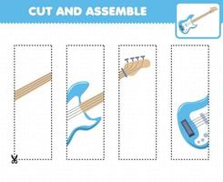 jogo de educação para crianças prática de corte e montagem de quebra-cabeça com planilha imprimível de baixo de instrumento de música de desenho animado vetor