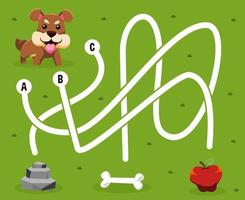 jogo de quebra-cabeça de labirinto para crianças com cachorro de desenho animado fofo procurando o osso de pedra de comida correto ou planilha imprimível de maçã vetor