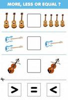 jogo de educação para crianças mais menor ou igual conte a quantidade de instrumento de música dos desenhos animados guitarra baixo violino então corte e cole o sinal correto vetor