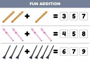 jogo educativo para crianças adição divertida por adivinhar o número correto de instrumento musical de desenho animado gravador de flauta clarinete planilha imprimível vetor