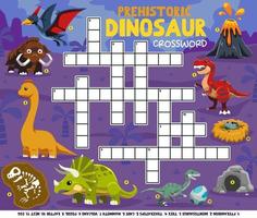 Palavras cruzadas de jogo de educação para aprender palavras em inglês com planilha para impressão de imagens de dinossauros pré-históricos de desenhos animados fofos vetor