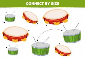 jogo educacional para crianças conectar pelo tamanho do pandeiro de instrumento de música de desenho animado e planilha imprimível de bateria vetor