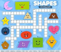 jogo de educação palavras cruzadas para aprender palavras em inglês com planilha para impressão de imagens de formas geométricas de desenhos animados fofos vetor