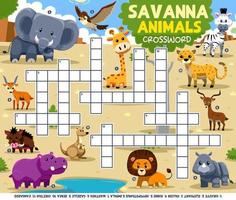 Palavras cruzadas de jogo de educação para aprender palavras em inglês com planilha para impressão de imagens de animais de savana bonitos dos desenhos animados vetor