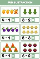 jogo educativo para crianças subtração divertida contando e eliminando frutas e legumes dos desenhos animados manga mamão ameixa batata melancia mangostão planilha vetor