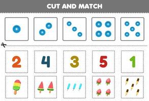 jogo de educação para crianças cortar e combinar o mesmo número de planilha imprimível de picolé de comida de desenho animado vetor