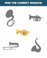 jogo de educação para crianças encontrar o conjunto de sombra correto de trompete de instrumento de música de desenho animado vetor