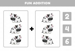 jogo de educação para crianças adição divertida por contagem e escolha a resposta correta da planilha imprimível de vaca animal de fazenda bonito dos desenhos animados vetor