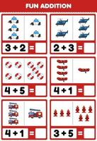 jogo de educação para crianças adição divertida contando e somando desenho bonito transporte de resgate carro de polícia helicóptero bóia salva-vidas barco inflável caminhão de bombeiros planilha de fotos vetor