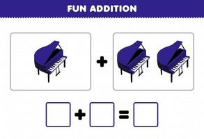jogo educacional para crianças adição divertida contando planilha de imagens de piano de instrumento de música de desenho animado vetor