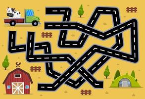 jogo de labirinto para crianças ajuda a caminhonete de transporte de desenhos animados a encontrar o caminho certo para o celeiro ou abrigo vetor