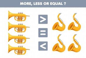 jogo educativo para crianças mais menos ou igual conte a quantidade de trompete de instrumento musical de desenho animado e planilha para impressão de saxofone vetor