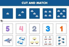 jogo de educação para crianças cortar e combinar o mesmo número de desenho animado bonito transporte voador avião de combate zeppelin foguete helicóptero planilha imprimível vetor
