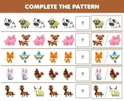 jogo de educação para crianças completa o padrão adivinhando a imagem correta da planilha imprimível de animais de fazenda bonitos dos desenhos animados vetor