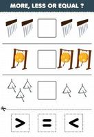 jogo de educação para crianças mais menos ou igual conte a quantidade de carrilhões de instrumentos musicais de desenho animado triângulo gong então corte e cole o sinal correto vetor