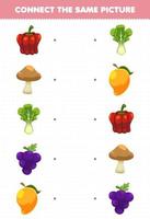 jogo de educação para crianças conectar a mesma imagem de desenhos animados frutas e vegetais páprica cogumelo alface uva manga planilha imprimível vetor
