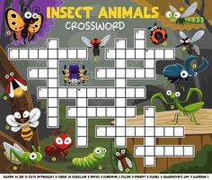 Palavras cruzadas de jogo de educação para aprender palavras em inglês com planilha para impressão de imagens de animais de insetos de desenhos animados fofos vetor