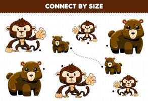 jogo educacional para crianças conectar-se pelo tamanho do macaco animal de desenho animado fofo e planilha imprimível do urso vetor