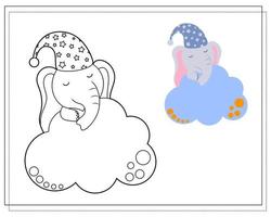 livro de colorir para crianças. desenhe um elefante fofo dormindo nas nuvens com um chapéu de dormir com base no desenho. vetor isolado em um fundo branco.