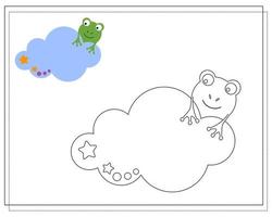 livro de colorir para crianças. desenhe um sapo de desenho animado fofo dormindo nas nuvens com base no desenho. vetor isolado em um fundo branco.