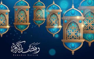 Ramadan Kareem lanternas de suspensão na saudação azul