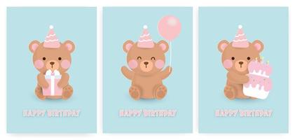 conjunto de cartões de feliz aniversário urso. vetor