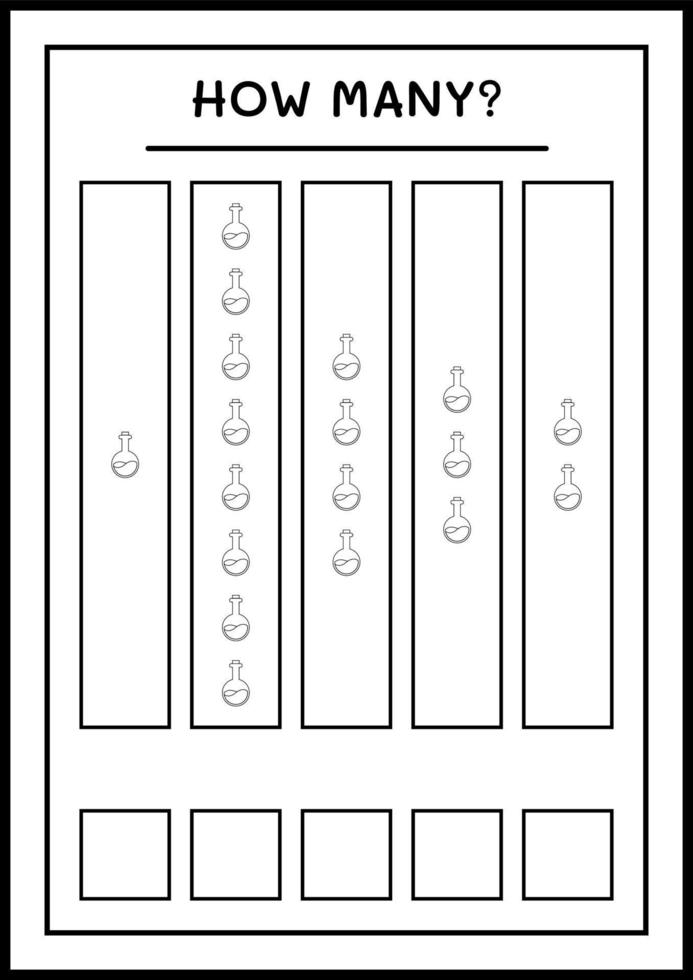 quante bottiglie di pozioni, gioco per bambini. illustrazione vettoriale, foglio di lavoro stampabile vettore