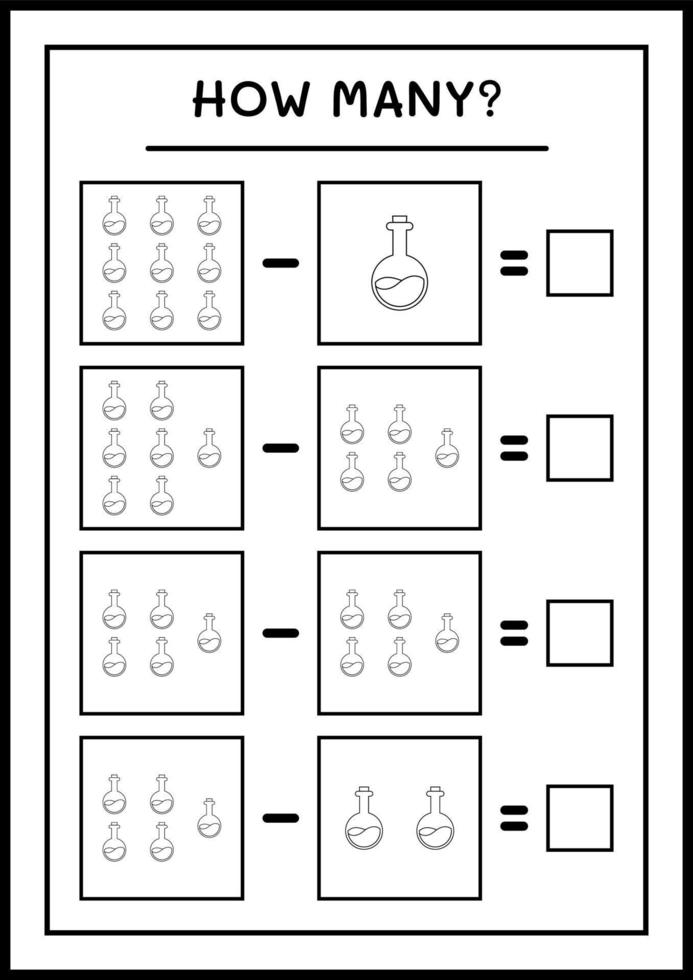 quante bottiglie di pozioni, gioco per bambini. illustrazione vettoriale, foglio di lavoro stampabile vettore