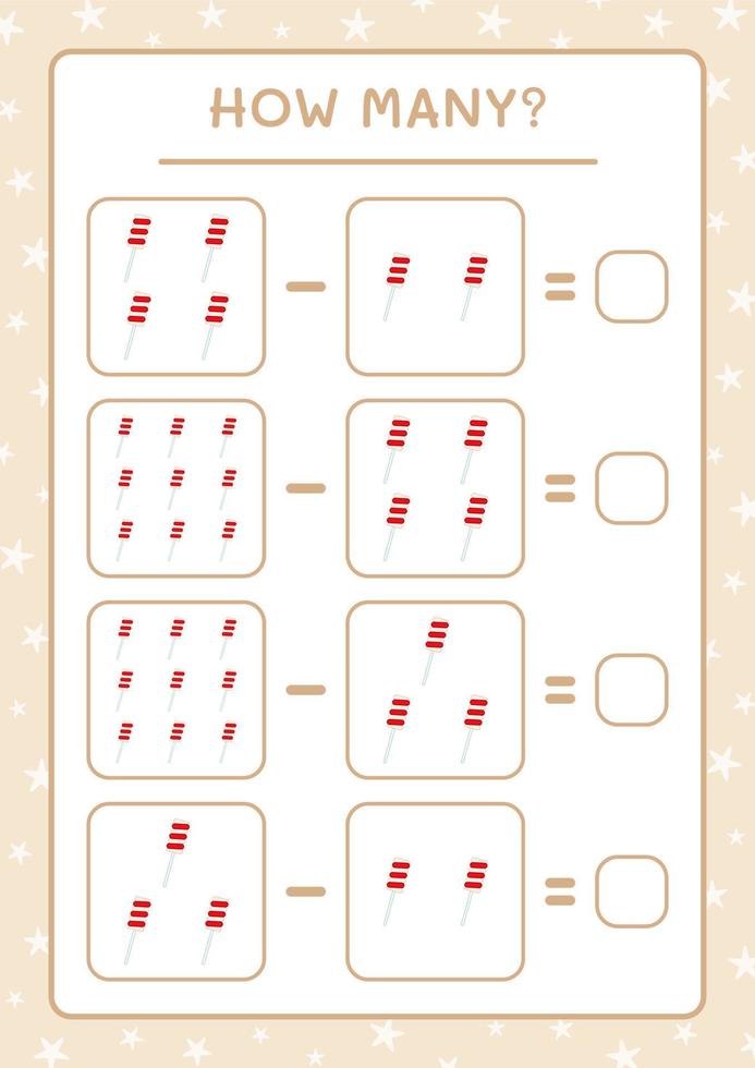 quanti lecca lecca di natale, gioco per bambini. illustrazione vettoriale, foglio di lavoro stampabile vettore