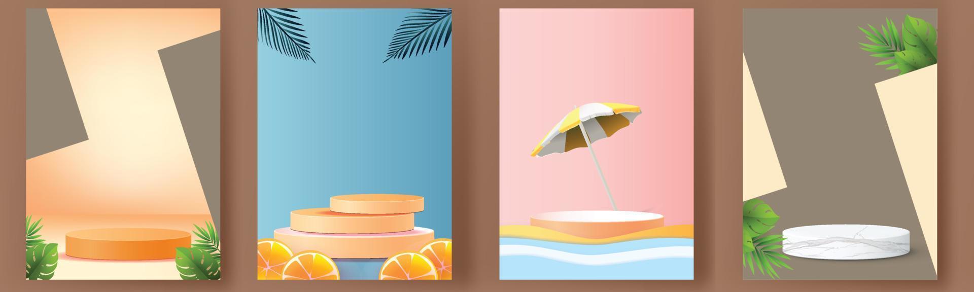 3d geometrico podio mockup foglia tropicale netural concetto per vetrina sfondo giallo astratto scena minima presentazione del prodotto stagione estiva carta art vettore