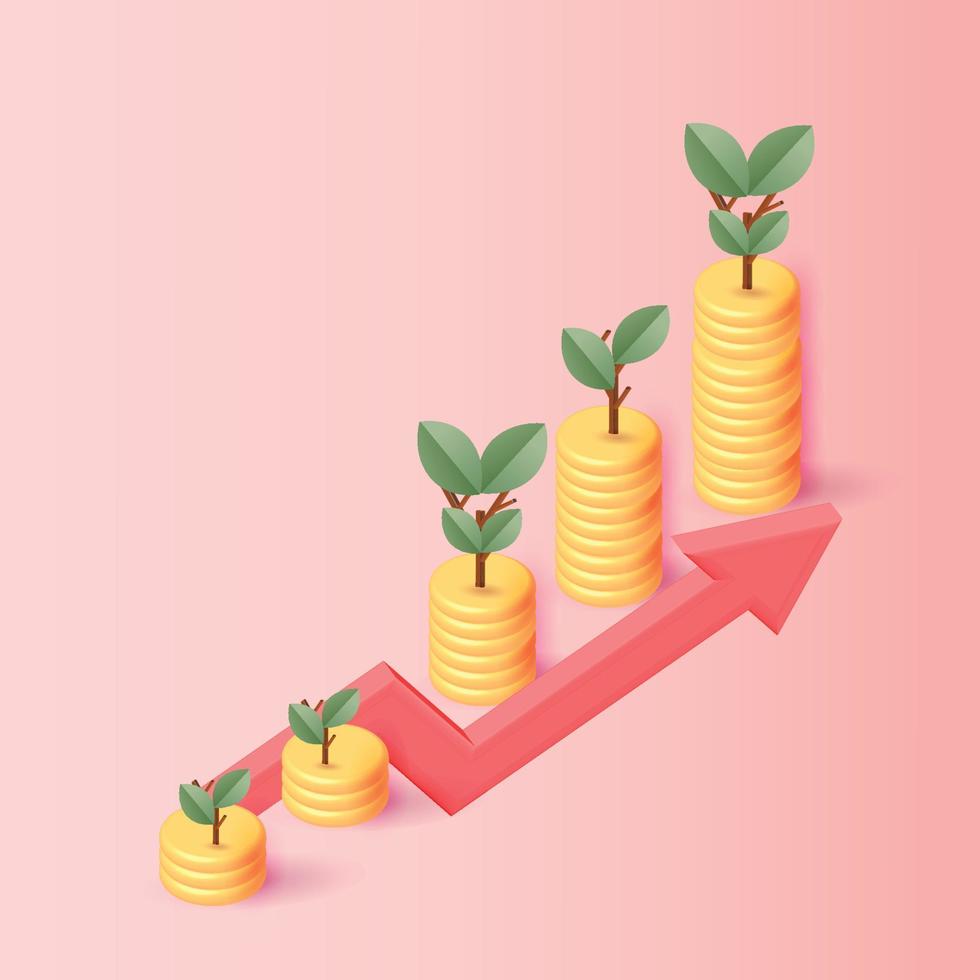 freccia crescita albero dei soldi pianta di monete per risparmiare denaro vettore 3d reddito bancario affari
