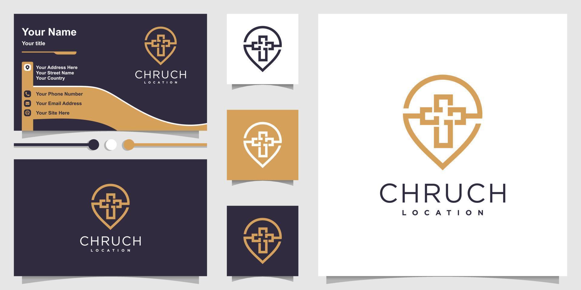 design del logo della chiesa con il vettore premium del concetto di posizione