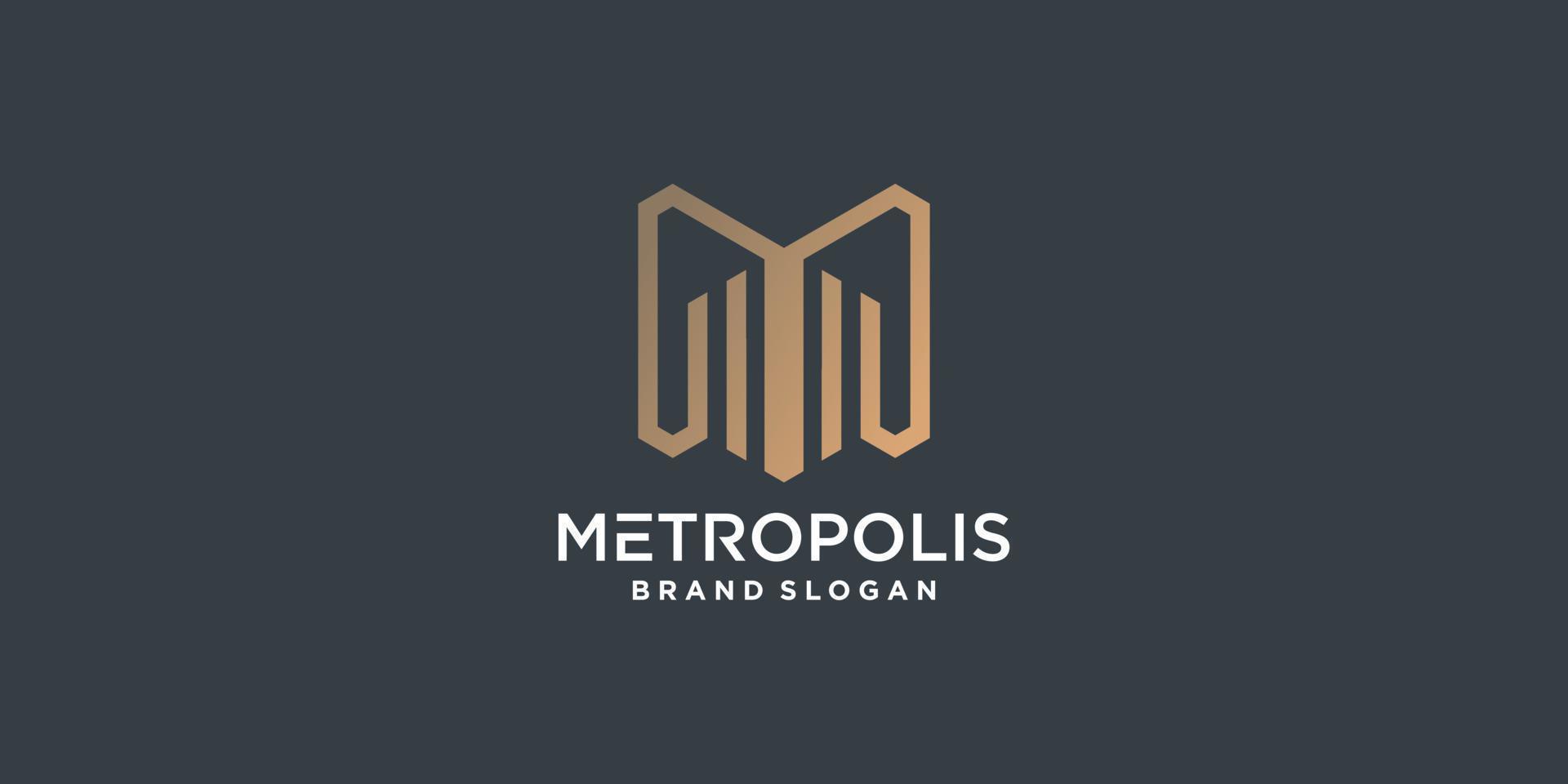 design del logo dell'edificio con il vettore premium del concetto di lettera m creativa