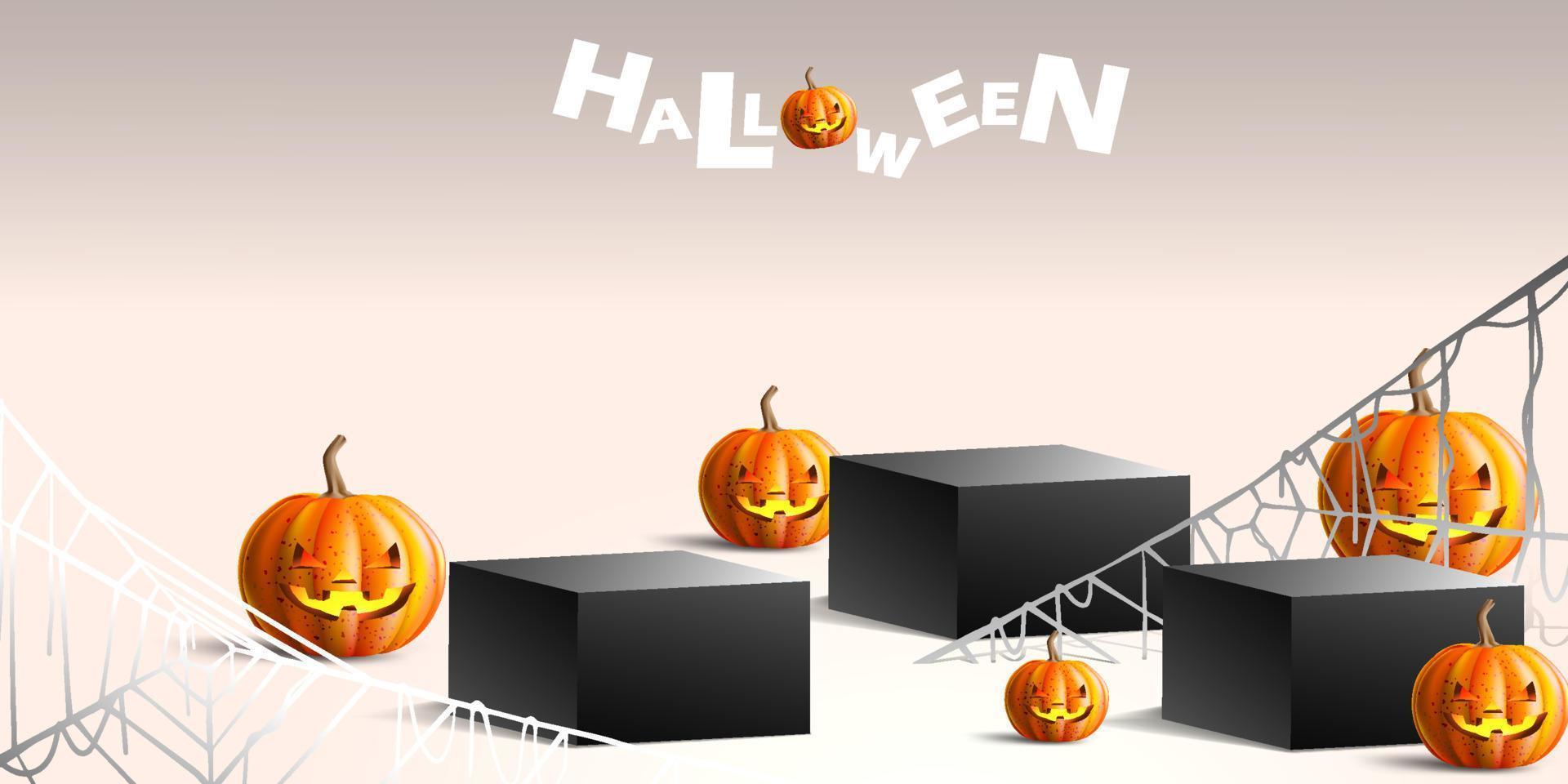 podio geometrico per prodotto con concetto di halloween. palco di halloween con zucca e ragnatela vettore