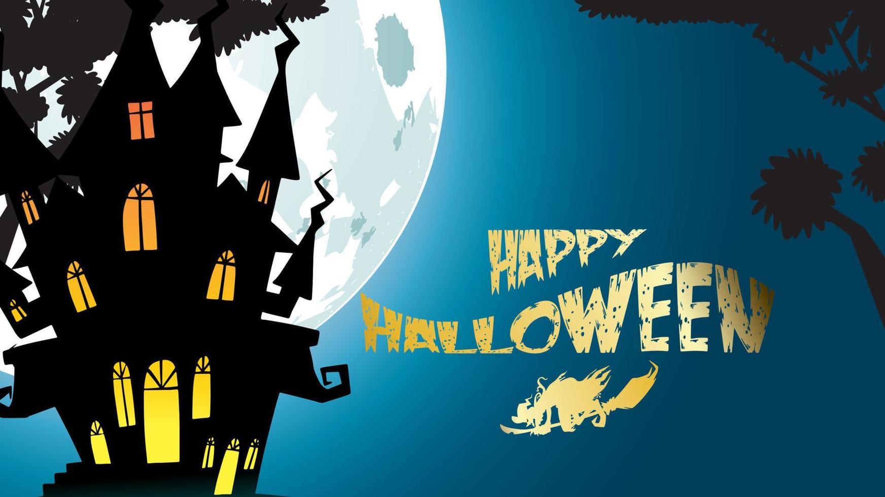 sfondo di notte di halloween con zucca, casa stregata, castello e luna piena. modello di volantino o invito per banner, festa, invito. illustrazione vettoriale con posto per il testo