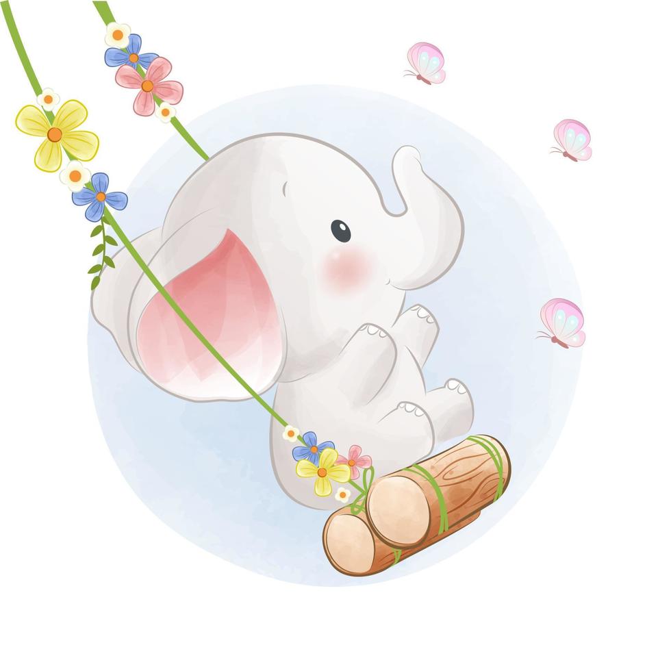 piccolo elefante su un'illustrazione dell'acquerello dell'altalena vettore